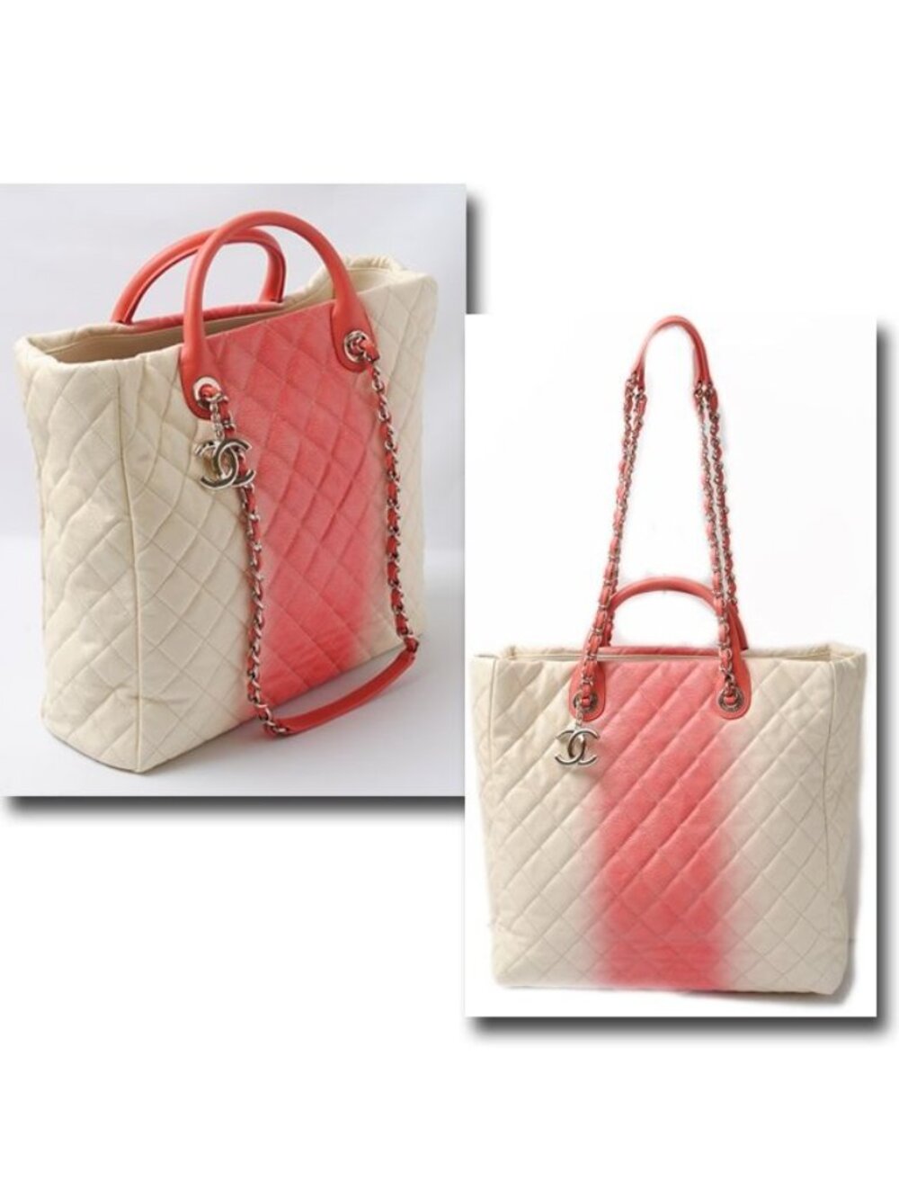 Chanel Tote Shoulder Bag Coral Pink Ivory Caviar Leather 2-Way - Picture 2 of 5
